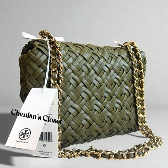 Tory Burch Woven Chain Shoulder Bag Olive Green Leather With Gold Chain  NWT - Picture 9 of 13